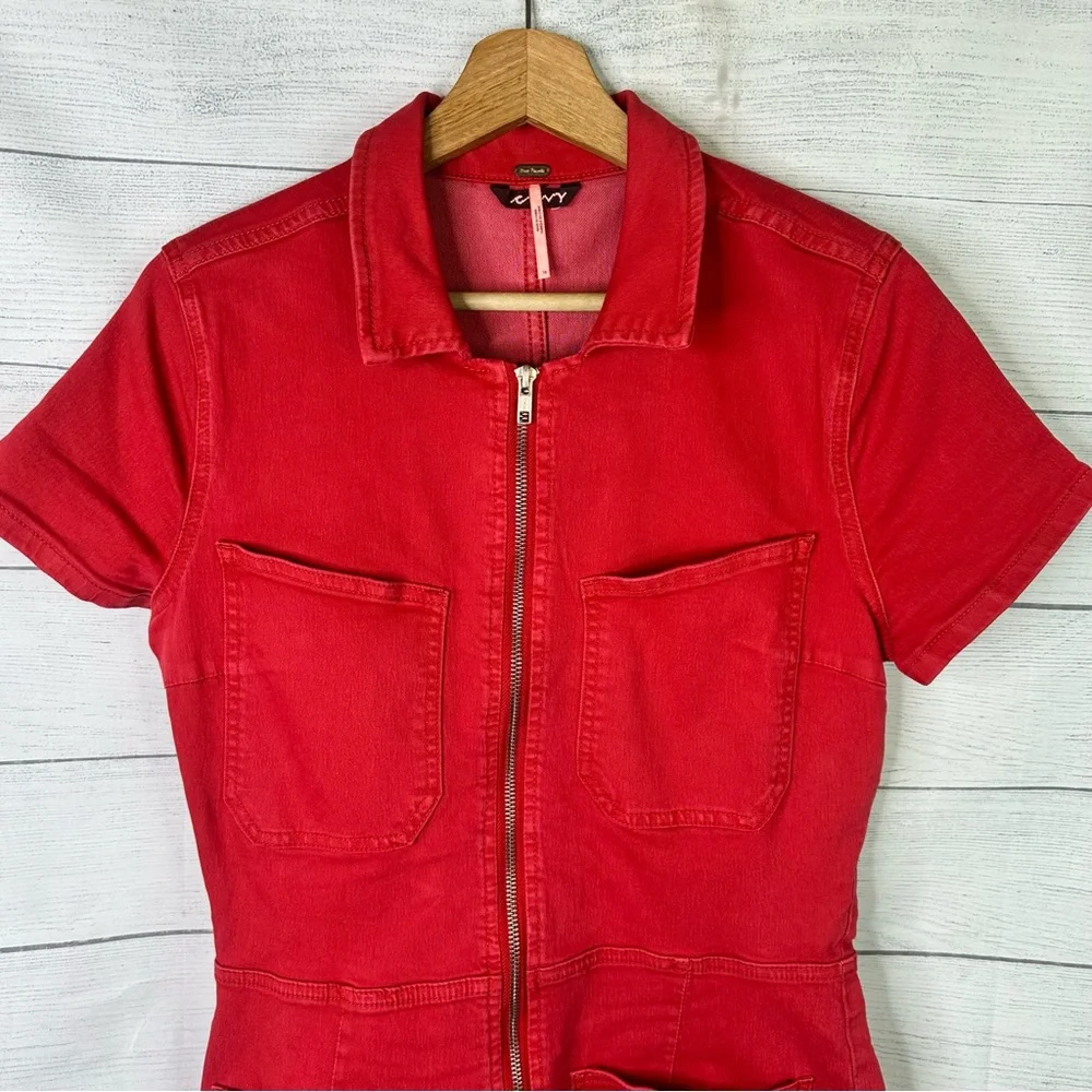 Free People Crvy size 10 Formula One Red Denim Zip Up Lennox Romper Shortsuit - Picture 4 of 11